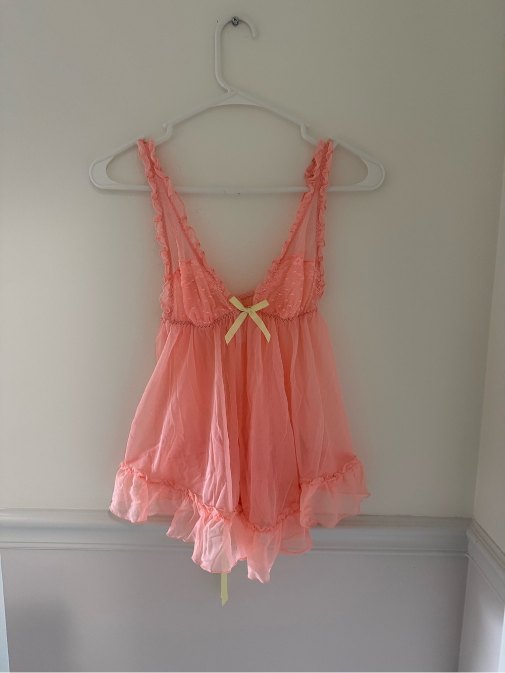 Victoria's Secret Peach Sheer Babydoll Chemise with Yellow Bow